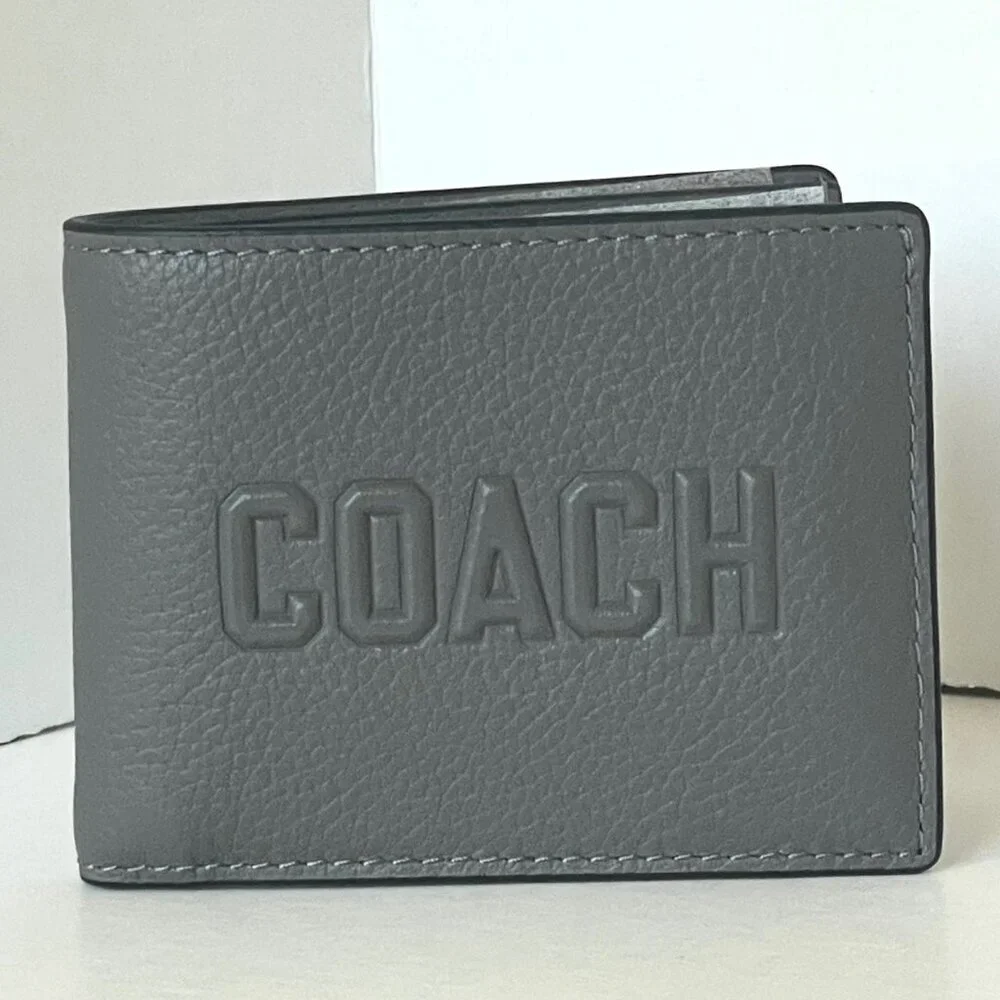 Coach Slim Billfold Wallet Charcoal Gray Graphic Pebbled Leather Mens CZ062